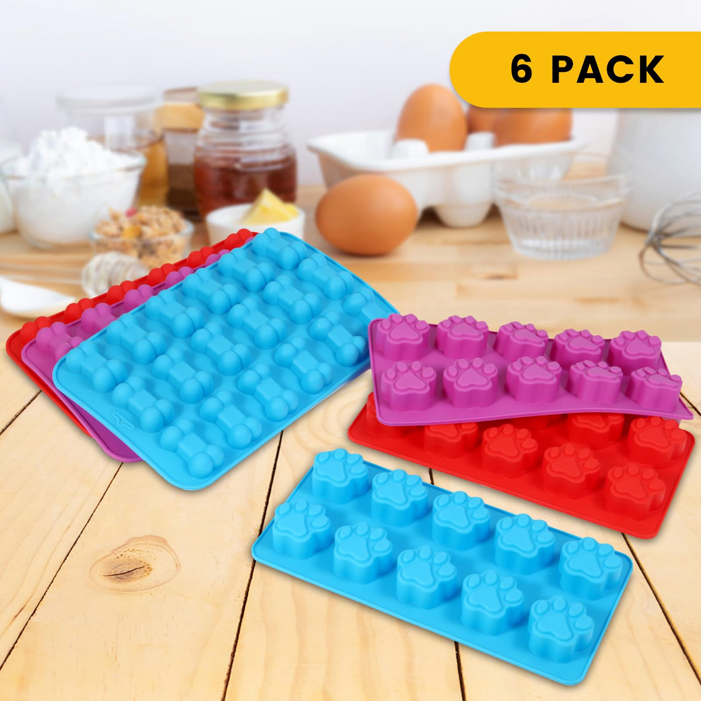 6-Pack Silicone Dog Paw & Bone Treat Molds – Non-Stick Food-Grade Baking Molds for Chocolate, Candy, Ice, Jelly, Biscuits & Homemade Pet Treats