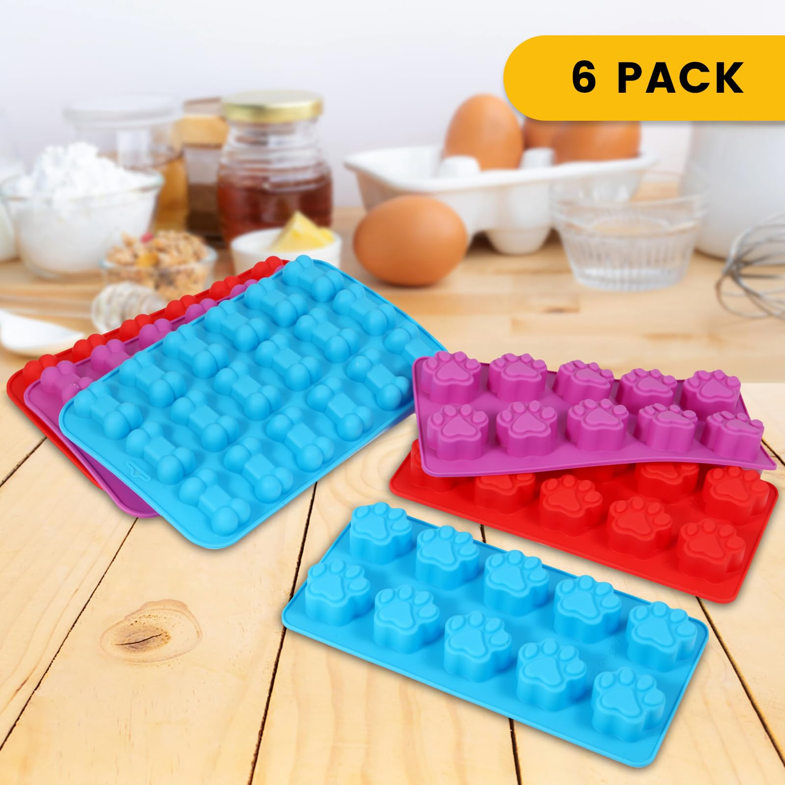 6-Pack Silicone Dog Paw & Bone Treat Molds – Non-Stick Food-Grade Baking Molds for Chocolate, Candy, Ice, Jelly, Biscuits & Homemade Pet Treats