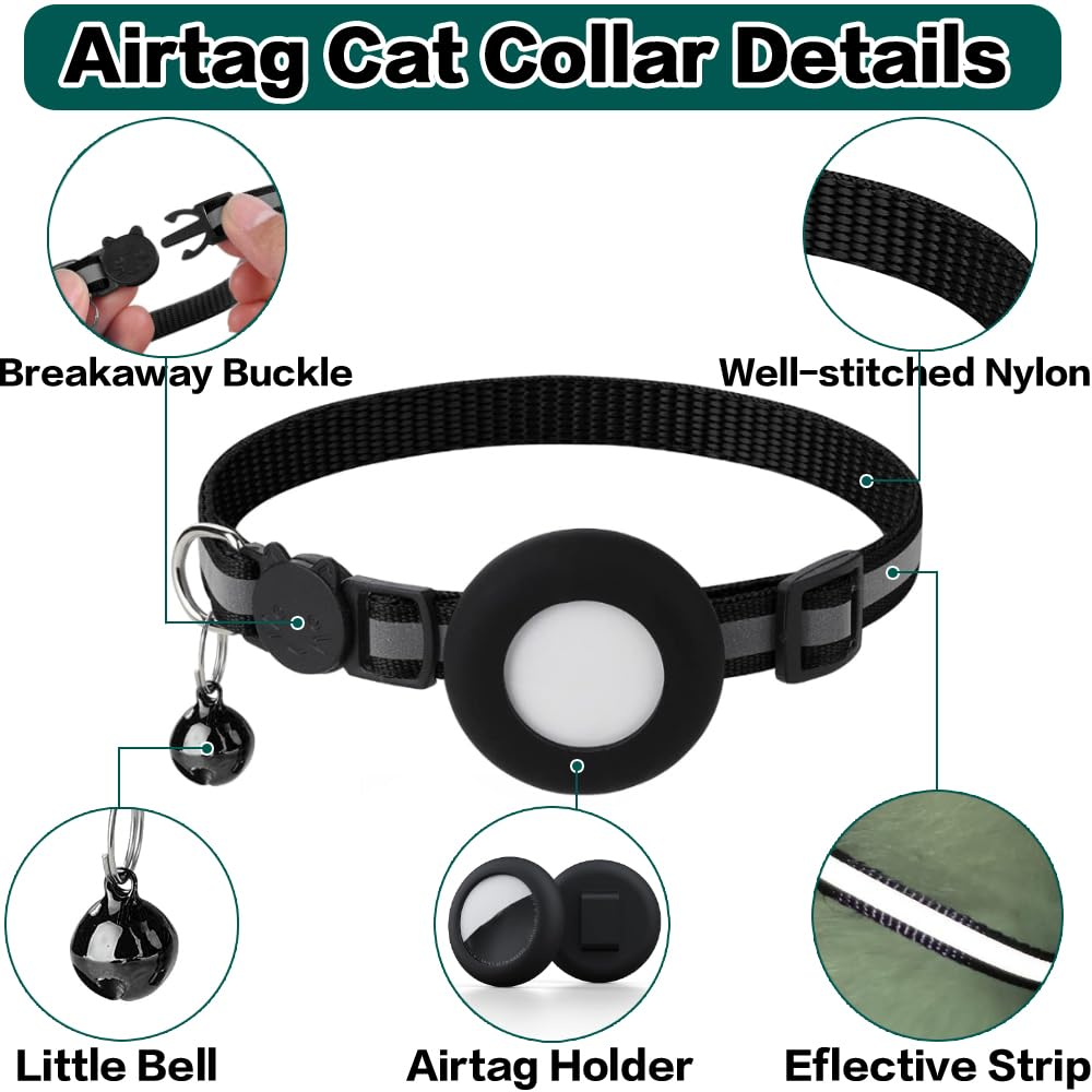 Reflective Breakaway Cat Collar with AirTag Holder, Adjustable Lightweight Nylon Collar with Bell, Waterproof AirTag Case, Black