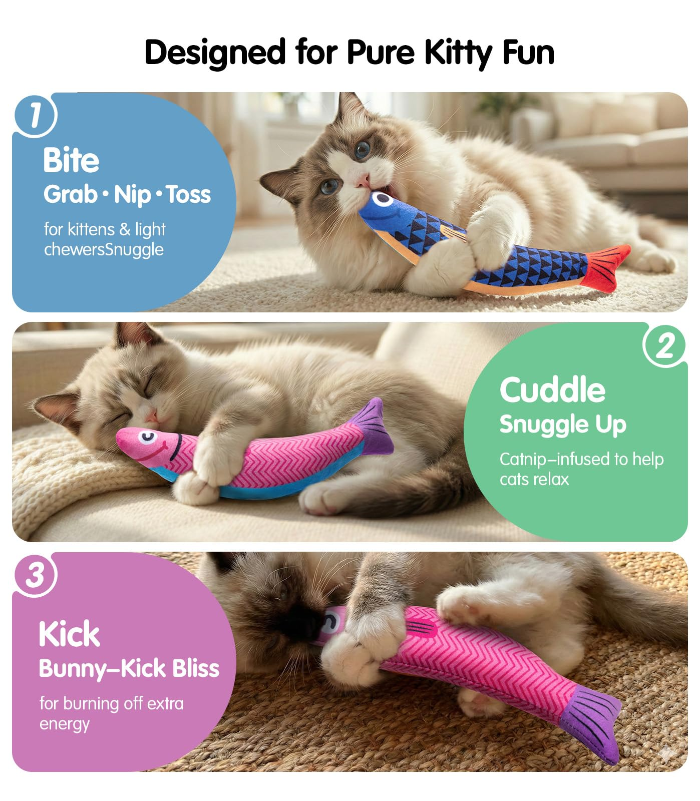 Interactive Catnip Fish Toy for Indoor Cats – Soft Cat Kicker Toy with Catnip, Silvervine, Crinkle Paper & Rattle Ball for Cats & Kittens