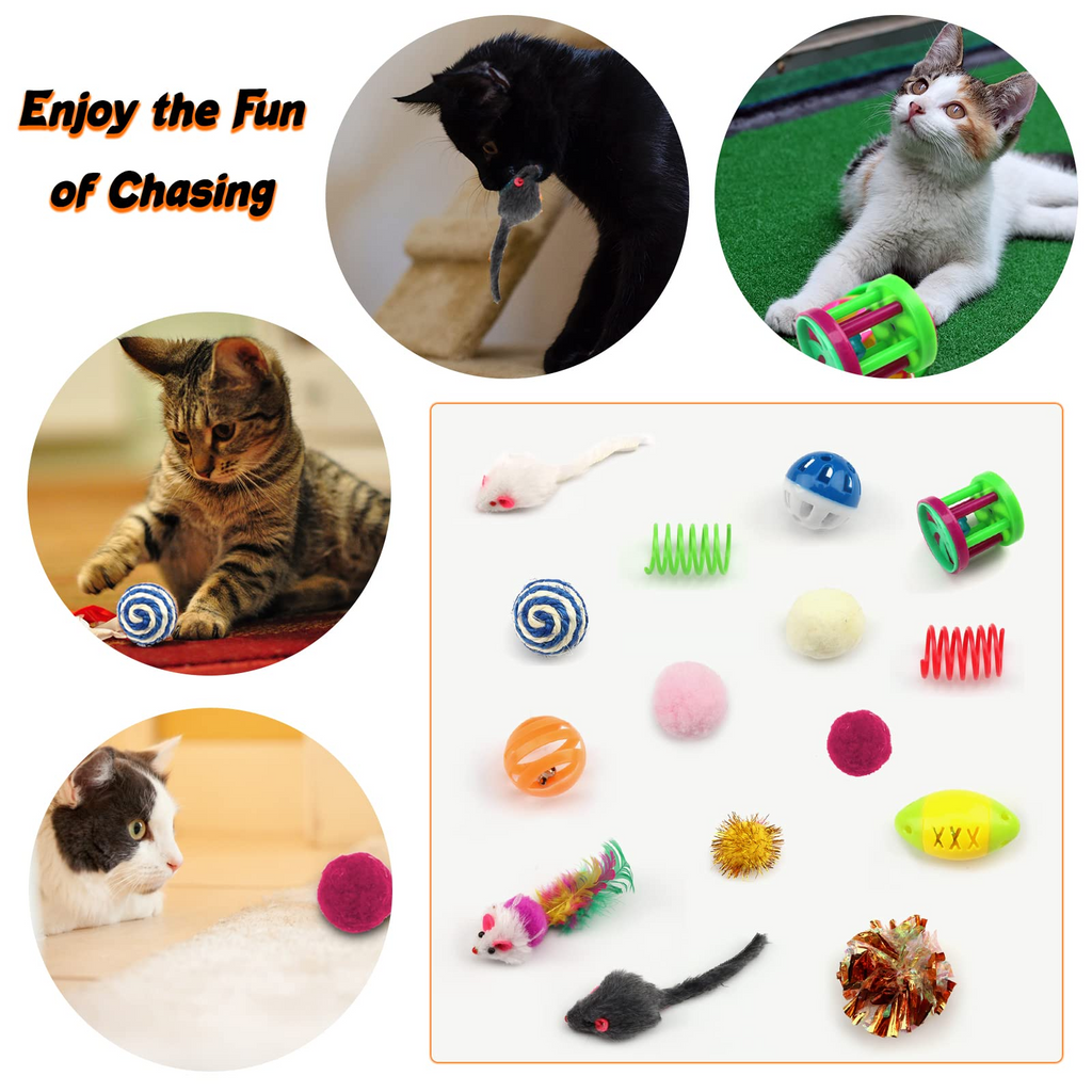 32 Piece Cat Toy Variety Pack with Feather Toys, Mouse Toys, Balls, Crinkle Toys, Teaser Wand & Catnip Toys for Indoor Cats and Kittens
