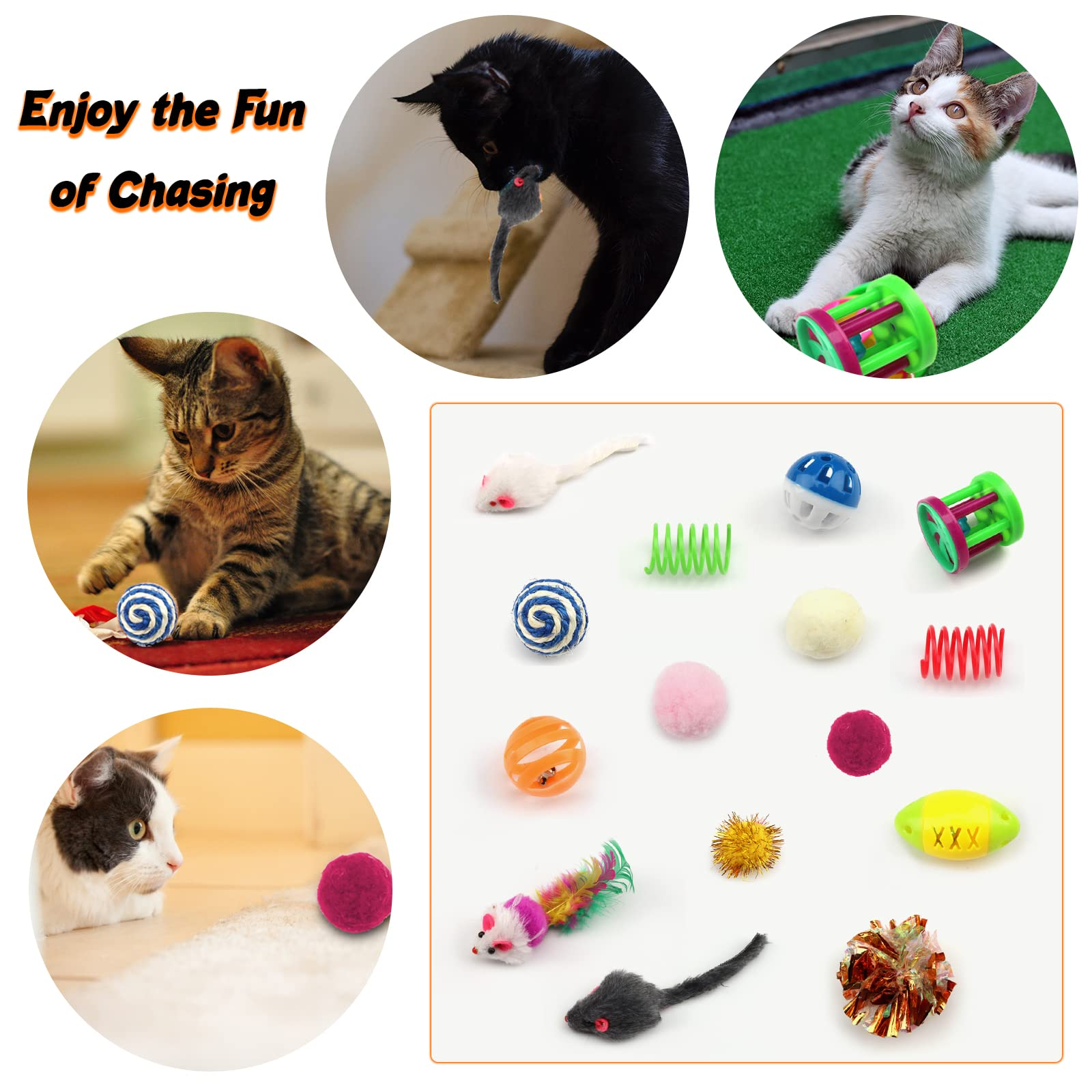32 Piece Cat Toy Variety Pack with Feather Toys, Mouse Toys, Balls, Crinkle Toys, Teaser Wand & Catnip Toys for Indoor Cats and Kittens