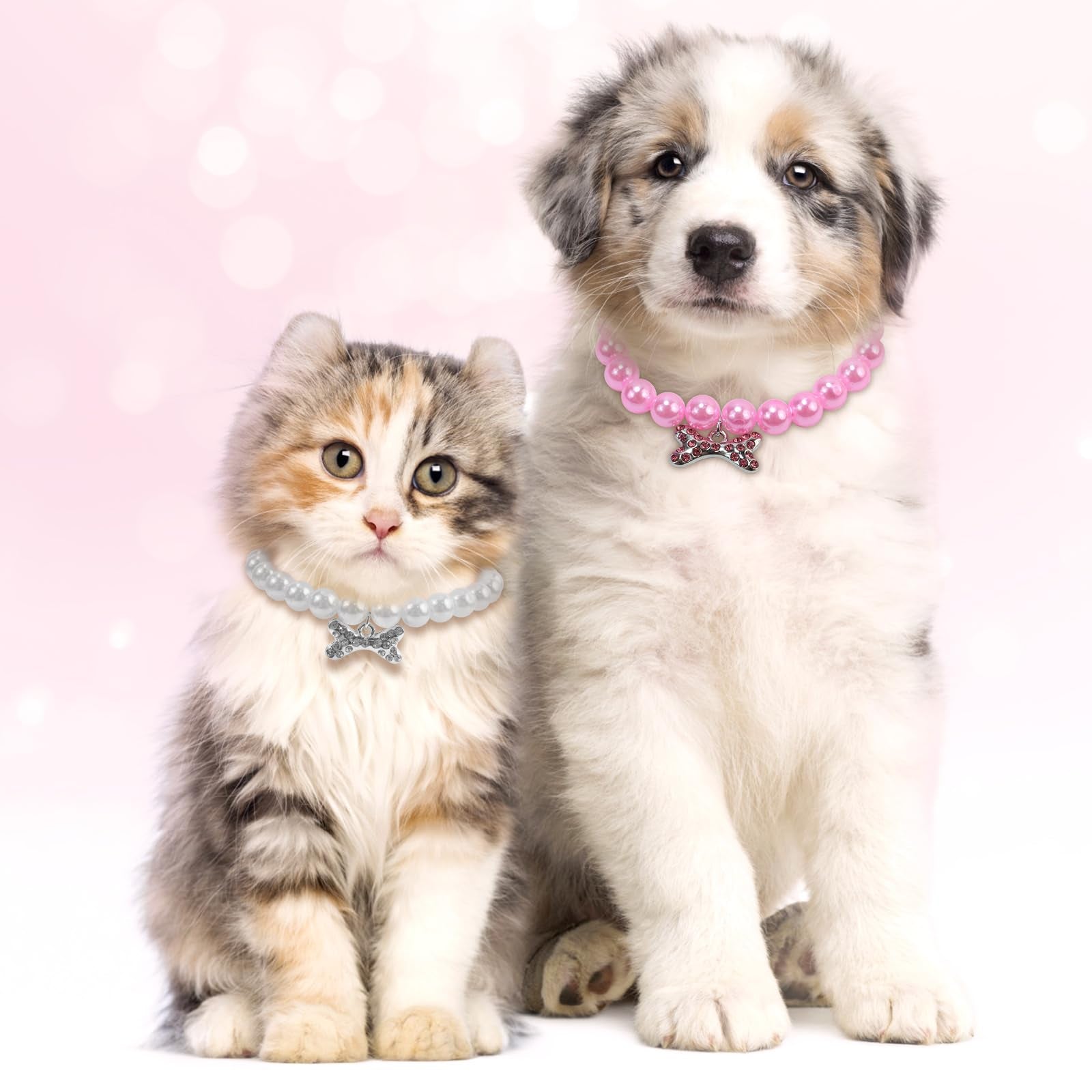 2 Pack Pearl Pet Collar Necklace with Rhinestones and Ribbon Bow, Adjustable Dog & Cat Jewelry for Weddings, Parties & Photos