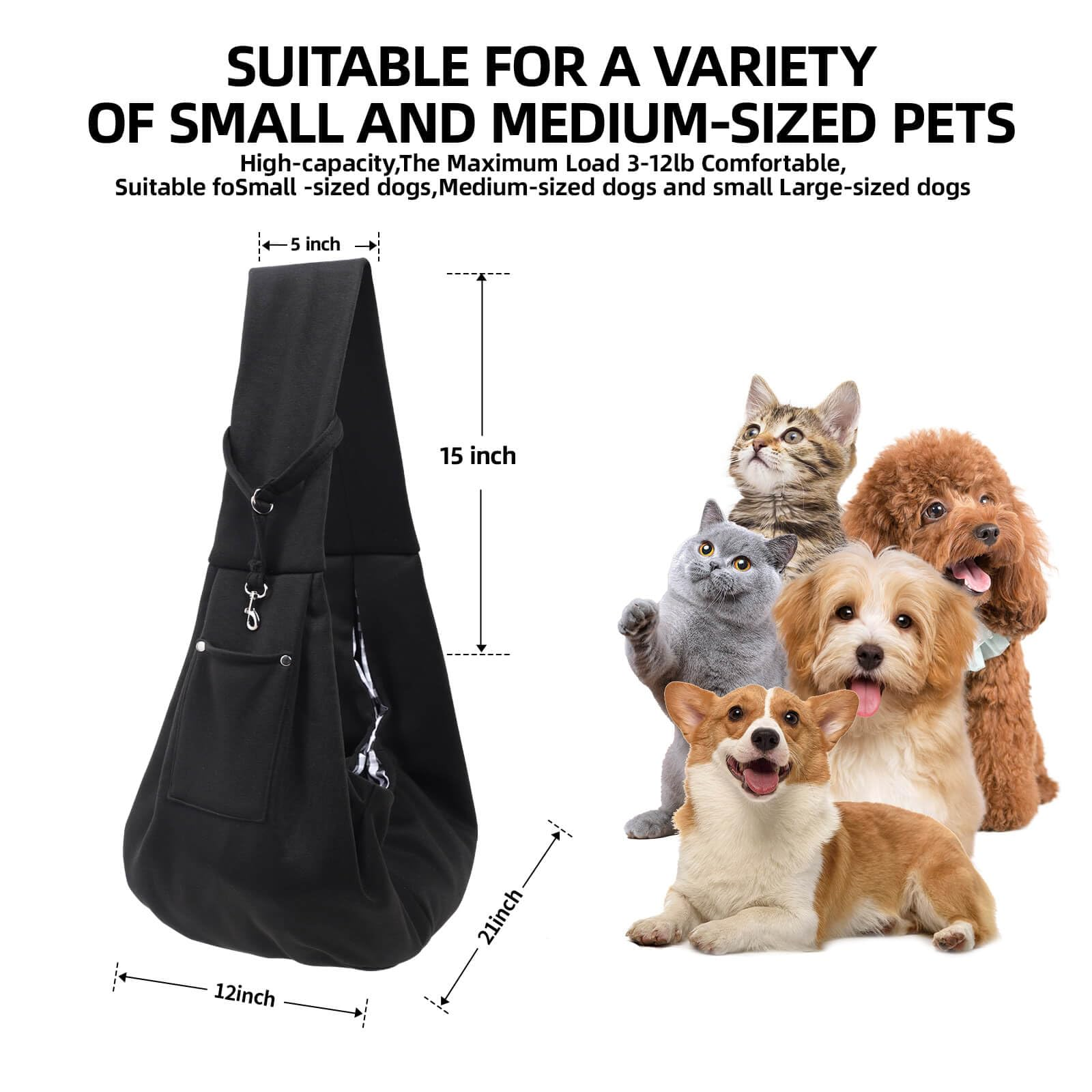 Reversible Dog Carrier Sling for Small Dogs & Cats – Hands-Free Pet Carrier with Safety Harness, Storage Pocket, Machine Washable, Black