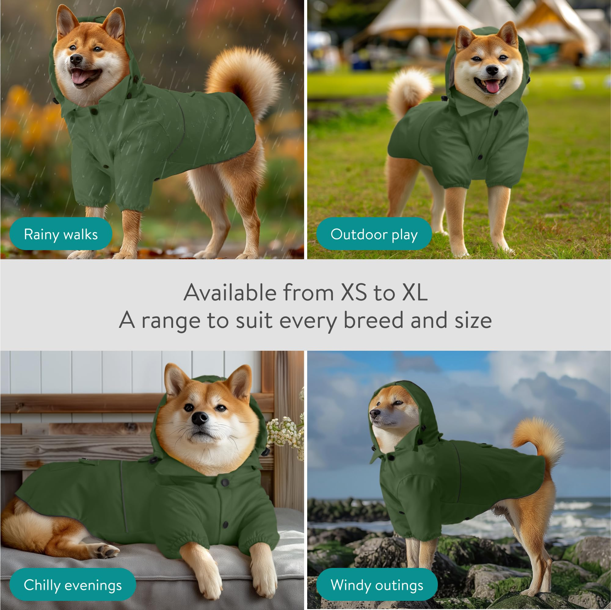 Waterproof Hooded Dog Rain Jacket with Removable Hood, Double-Layer Water-Resistant Dog Raincoat with Pocket, Size M, Green