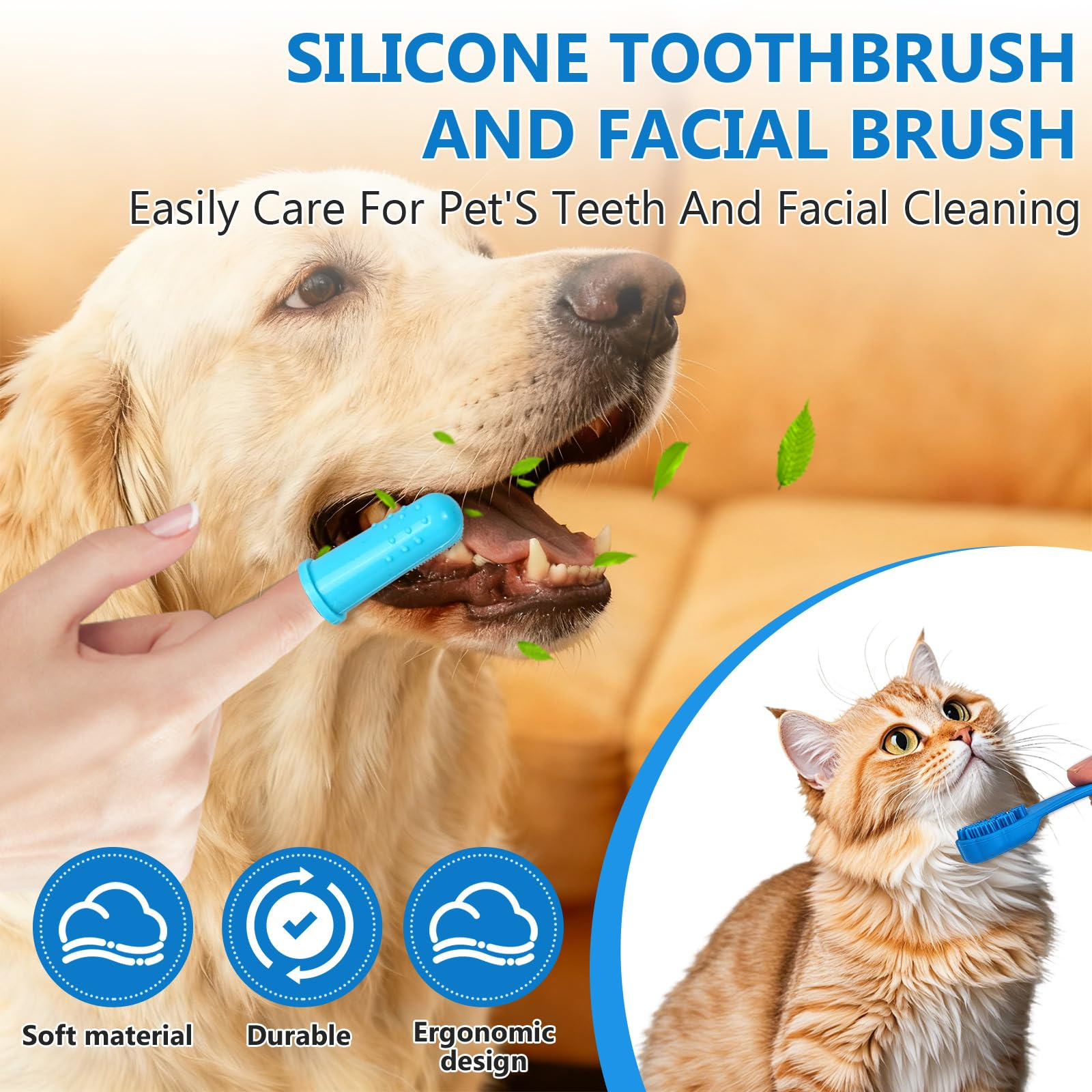 6 Piece Pet Grooming Kit with Silicone Bath Gloves, Dog & Cat Bath Brush Set, Pet Comb, Facial Brush and Finger Toothbrush