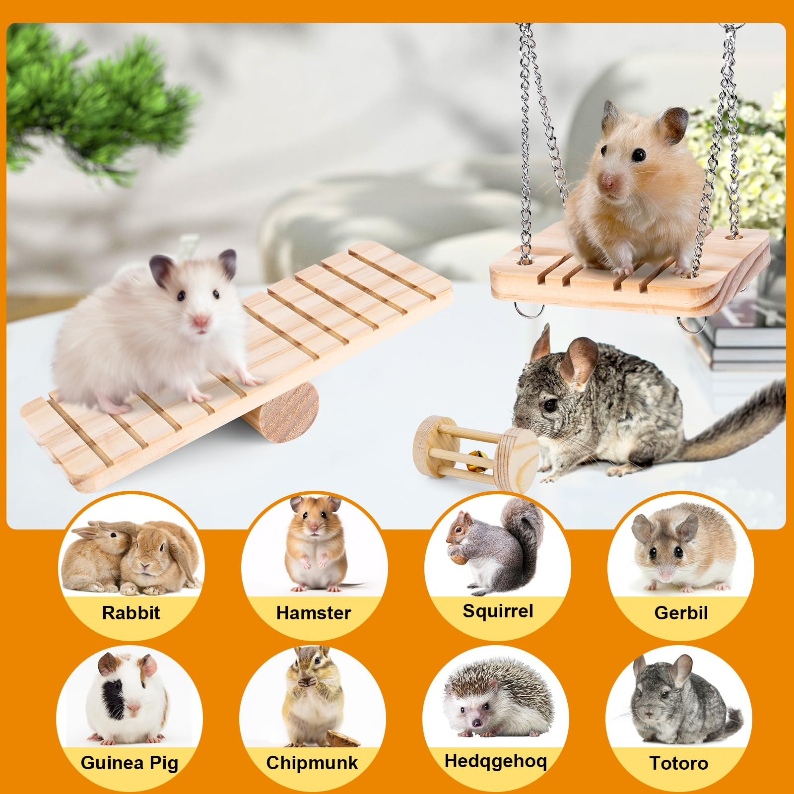 Hamster Chew Toy Set – Natural Wood Small Animal Toys with Apple Wood, Timothy Hay, Bridge, Swing & Cage Accessories for Hamsters, Guinea Pigs & Rodents