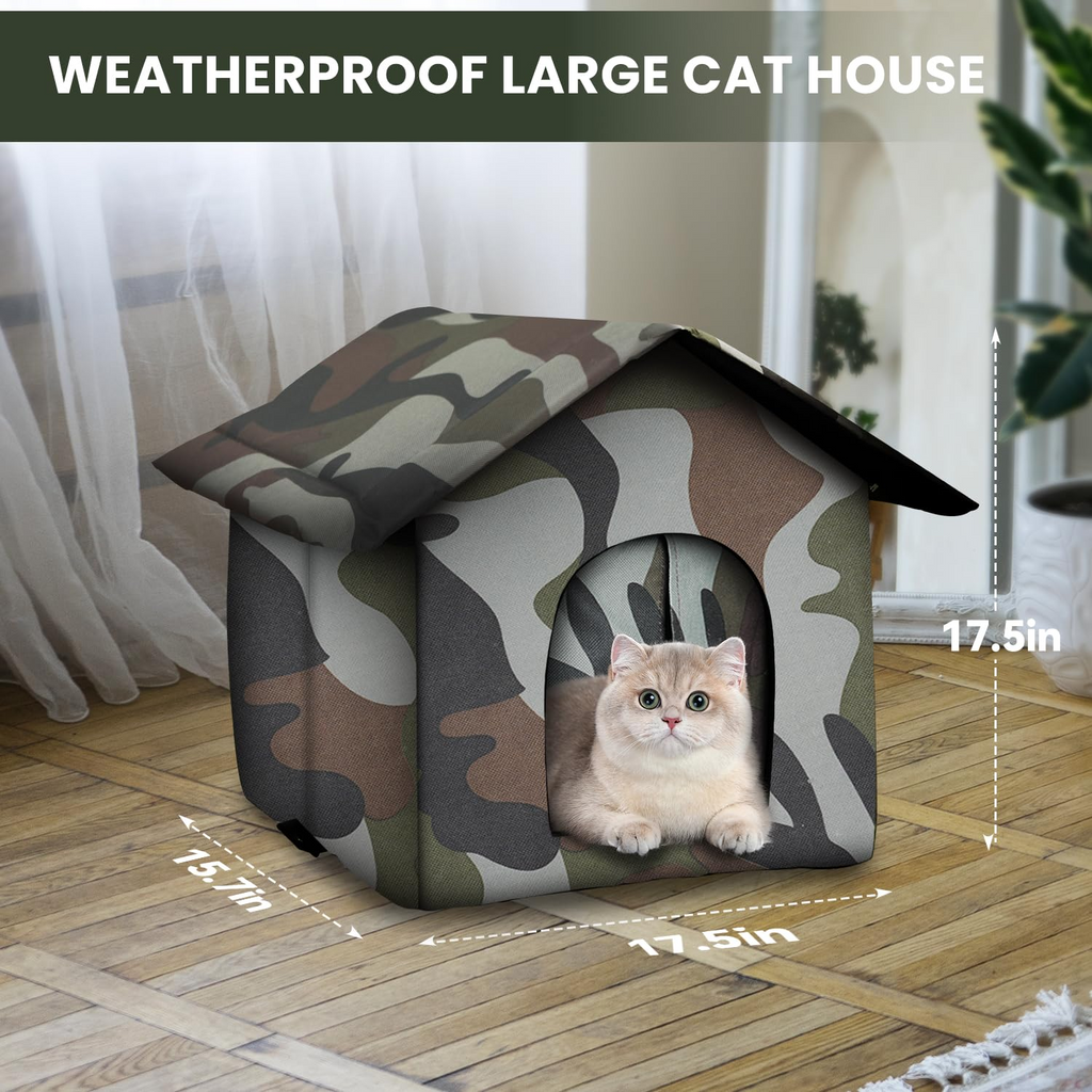 Outdoor Cat House for Outdoor Cats – Waterproof 600D Oxford Feral Cat Shelter with Insulated Mat, Foldable Weatherproof Pet House for Winter, Green