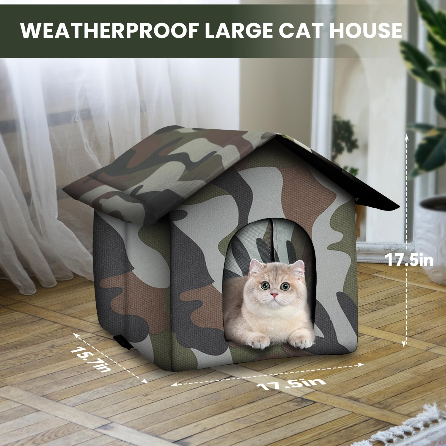 Outdoor Cat House for Outdoor Cats – Waterproof 600D Oxford Feral Cat Shelter with Insulated Mat, Foldable Weatherproof Pet House for Winter, Green