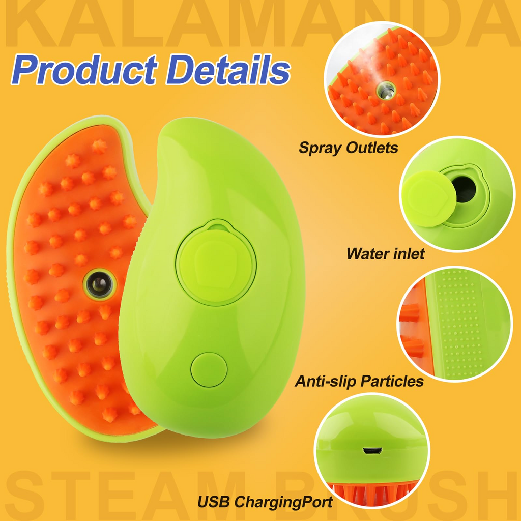 3-in-1 Pet Steam Brush with Spray Mist, Silicone Massage Grooming Comb for Cats and Dogs, Detachable Design, Mango Green