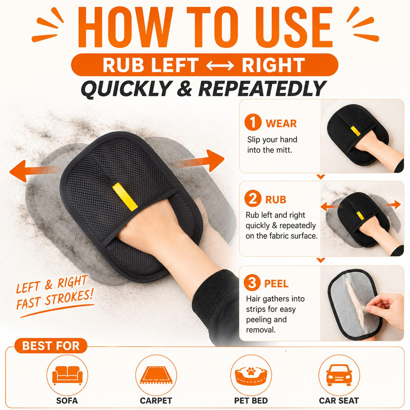 Reusable Pet Hair Removal Glove with Electrostatic Fabric, Washable Fur Remover Mitt for Couch, Carpet, Car Seat & Pet Beds, Black