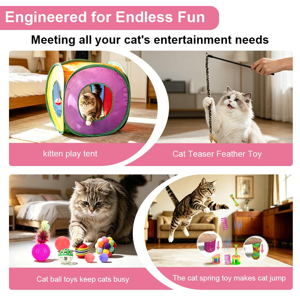 33-Pack Cat Toys for Indoor Cats – Collapsible Cat Tunnel with Feather Wand, Balls, Springs, Mice & Interactive Kitten Play Set