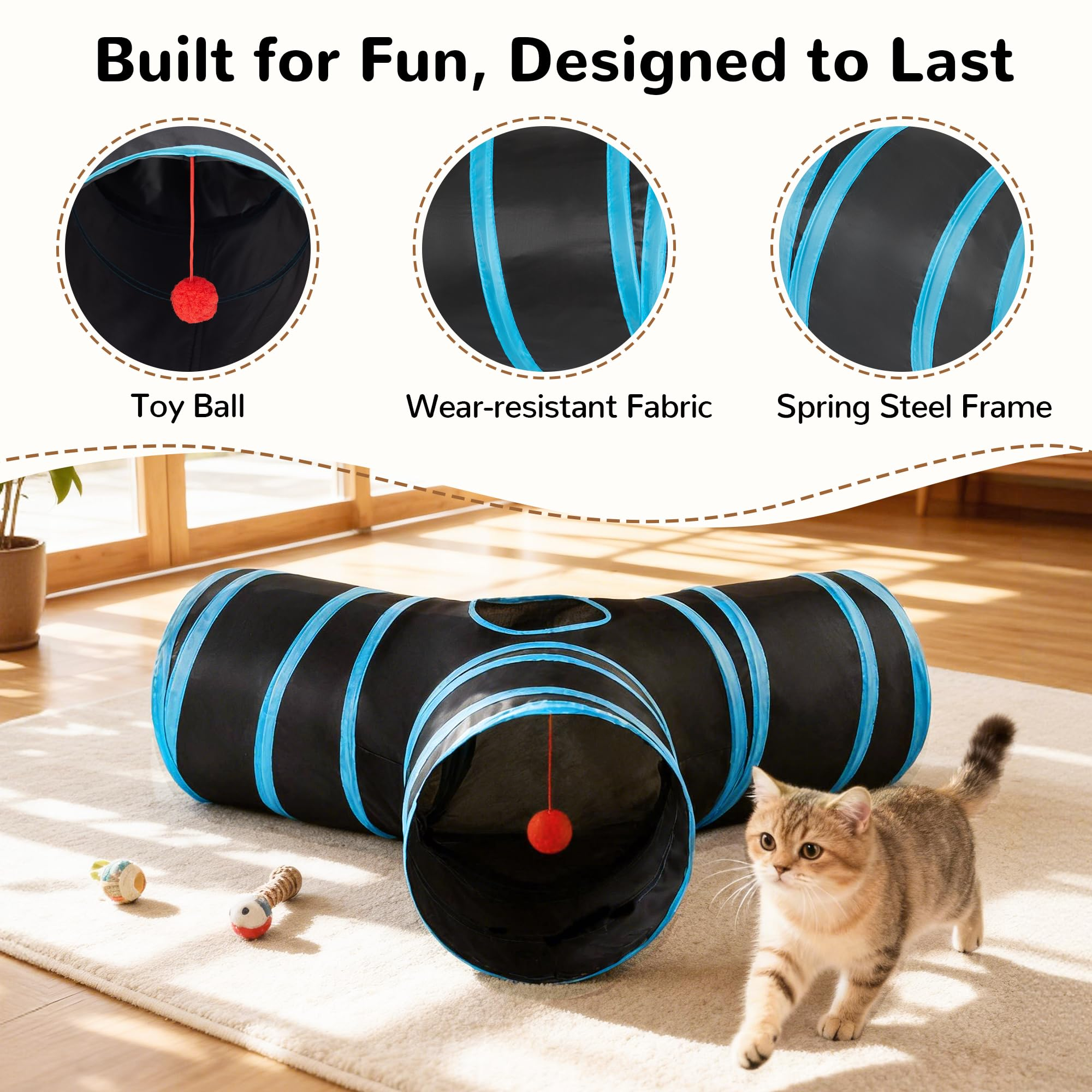 3-Way Collapsible Cat Tunnel Toy for Indoor Cats – Interactive Polyester Tube with Peek Holes, Hanging Ball & Teaser Wand, Black & Blu