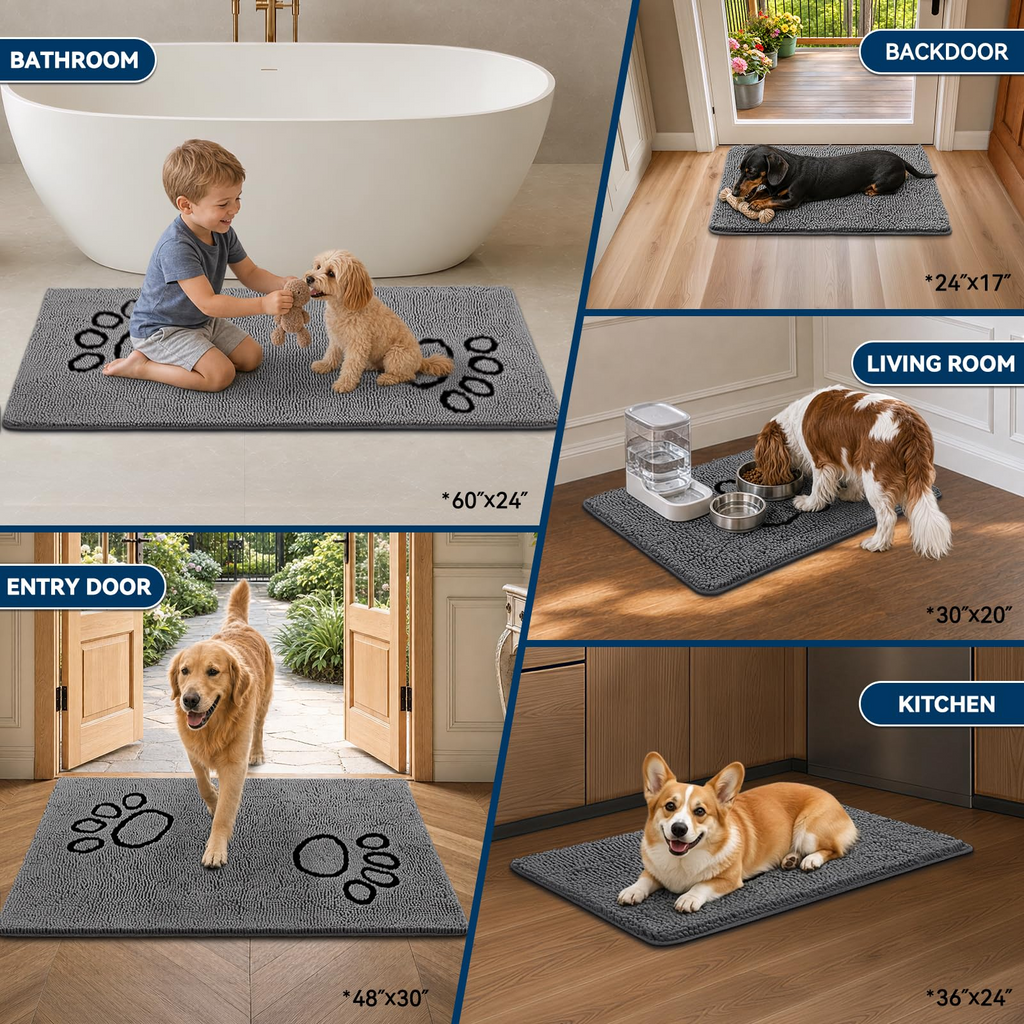 30×20 Absorbent Chenille Dog Doormat – Non-Slip Quick Dry Entryway Rug Ideal for Homes with Dogs, Machine Washable Dirt Trapper for Muddy Paws (Grey 30×20 Inches)