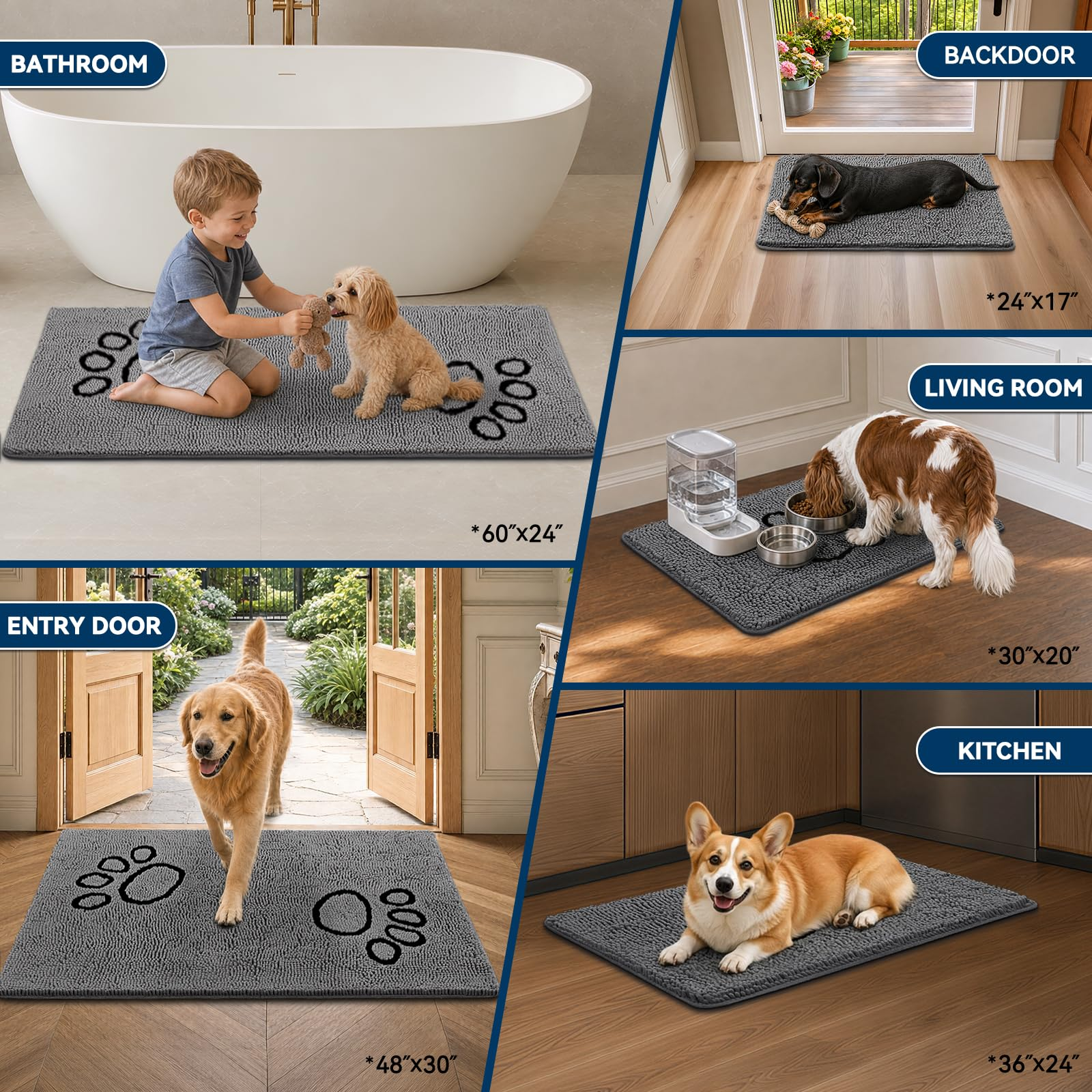 30×20 Absorbent Chenille Dog Doormat – Non-Slip Quick Dry Entryway Rug Ideal for Homes with Dogs, Machine Washable Dirt Trapper for Muddy Paws (Grey 30×20 Inches)