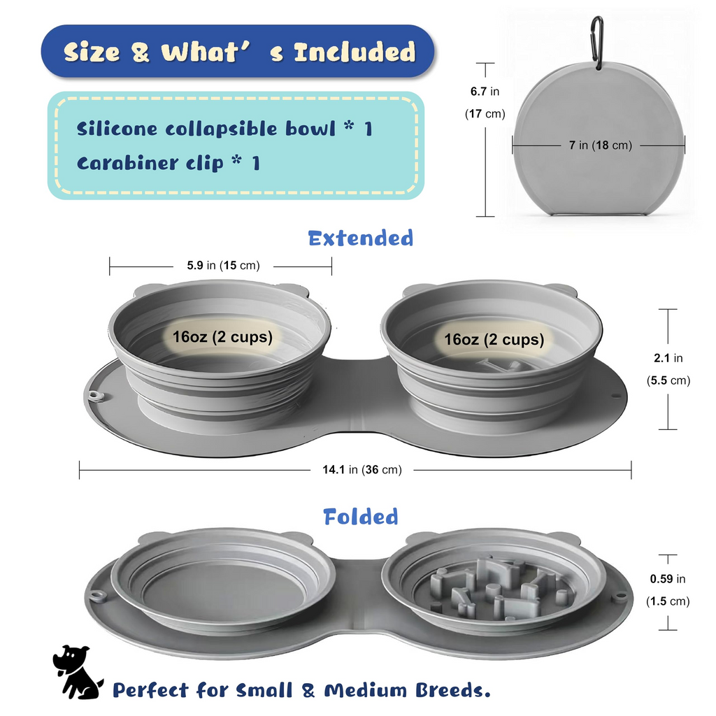 2-in-1 Collapsible Silicone Dog Travel Bowl – Foldable Pet Food & Water Bowl with Carabiner, Leak-Resistant Design for Small & Medium Dogs