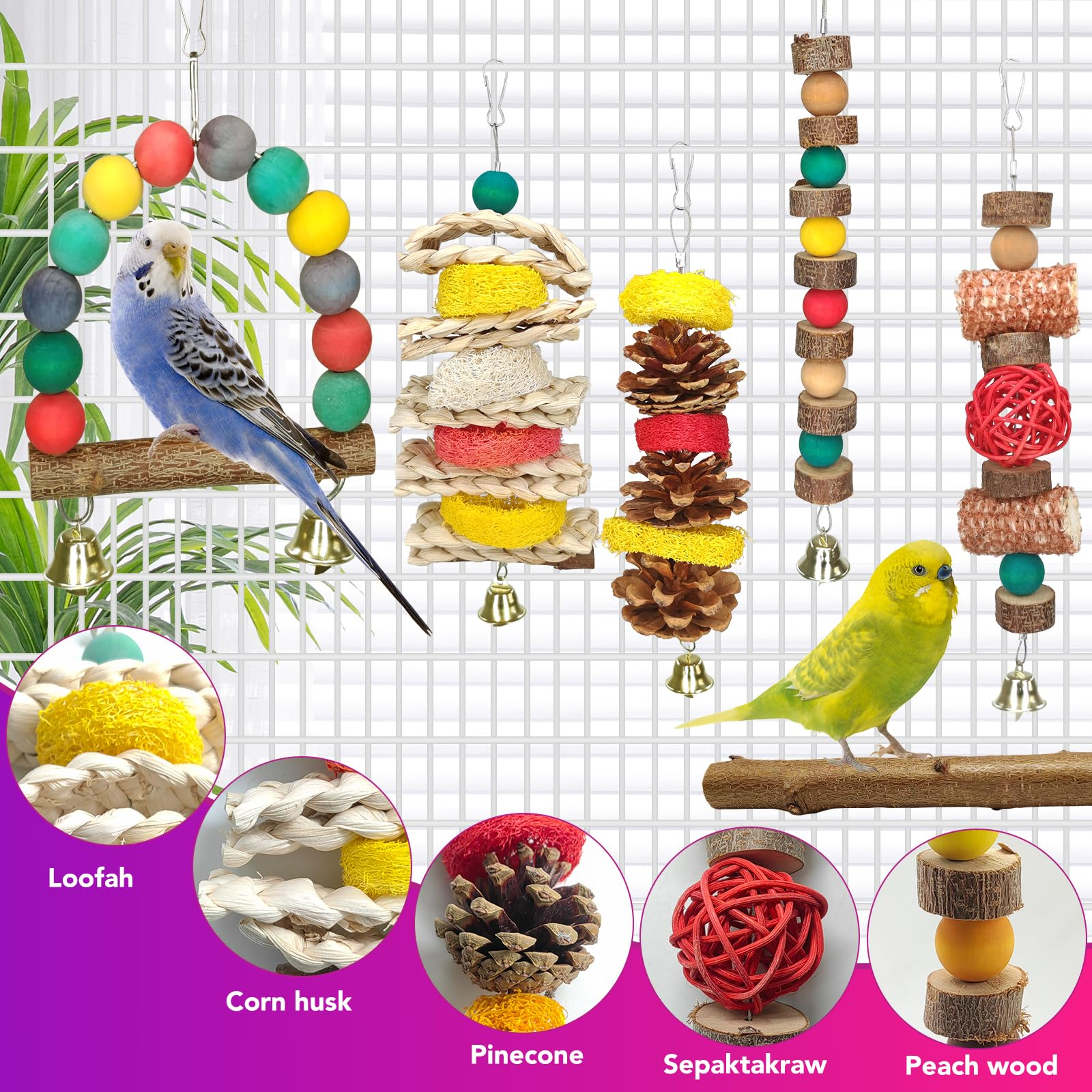 7 Piece Natural Wood Bird Toy & Perch Set for Parakeets, Cockatiels, Lovebirds & Budgies, Hanging Cage Play Accessory