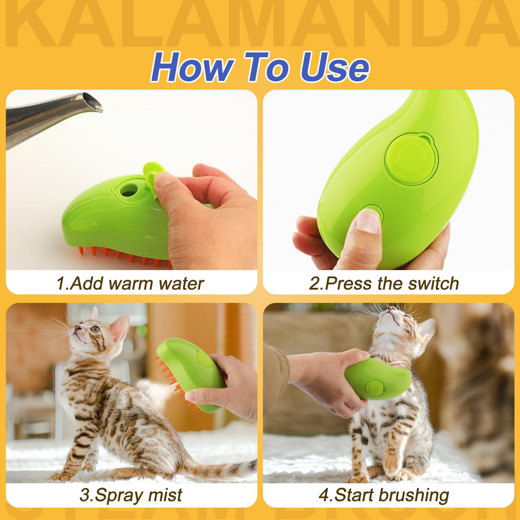 3-in-1 Pet Steam Brush with Spray Mist, Silicone Massage Grooming Comb for Cats and Dogs, Detachable Design, Mango Green