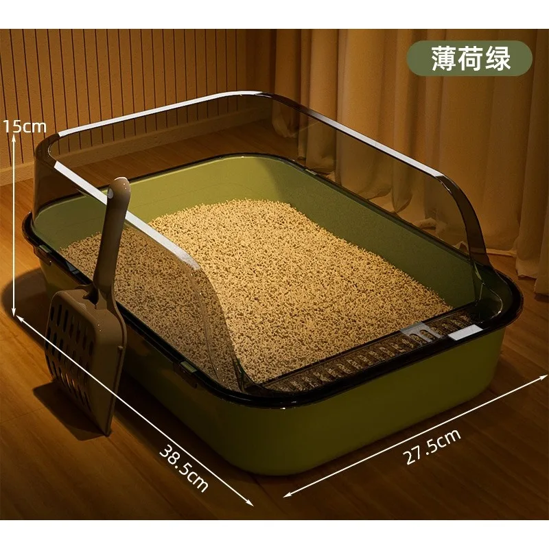 Semi Covered Cat Litter Box with Removable Scoop, Plastic Anti-Tracking Pet Toilet for Odor Control