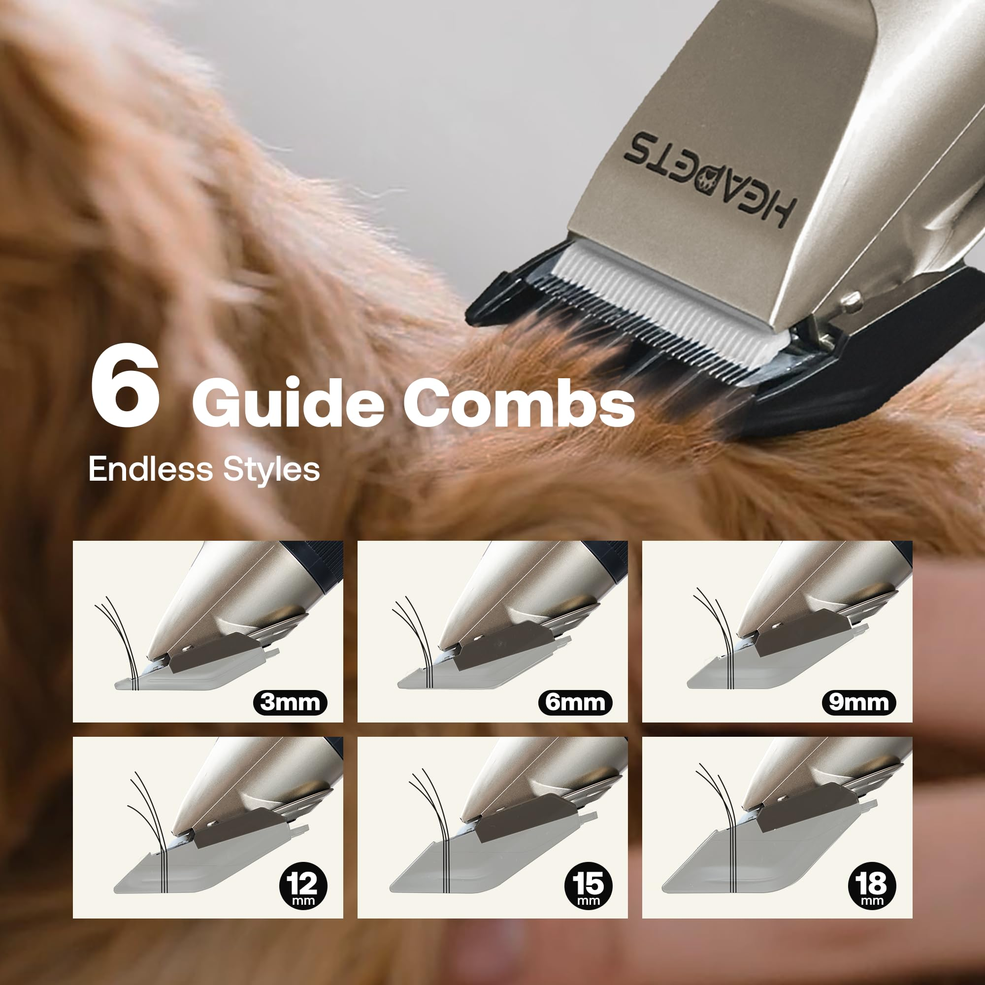 Cordless Dog Grooming Clippers – Rechargeable Low Noise Pet Hair Trimmer with Adjustable Guide Combs, Ceramic Blades for Dogs & Cats, Gold