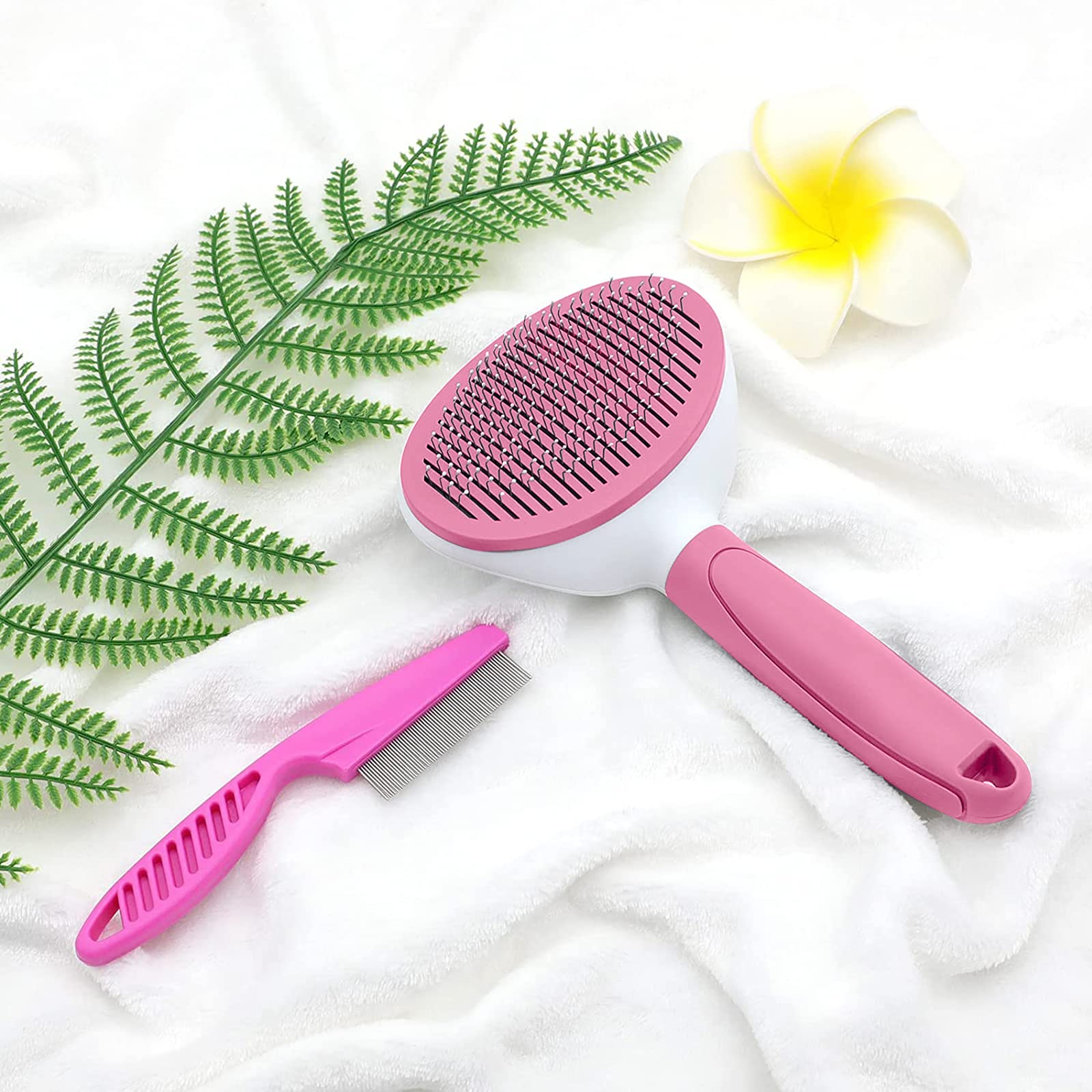 Self-Cleaning Pet Grooming Brush with Metal Comb, One-Click Hair Release, Stainless Steel Pins for Cats, Dogs & Rabbits, Pink