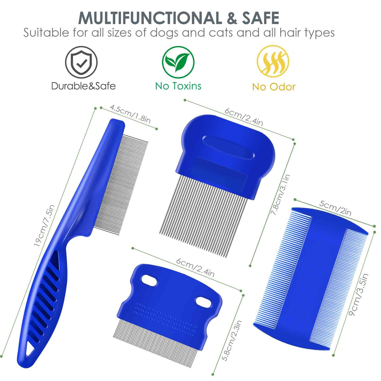 4 Pack Pet Grooming Comb Set with Stainless Steel Rounded Teeth, Double-Sided Flea & Lice Comb for Dogs, Cats & Small Pets