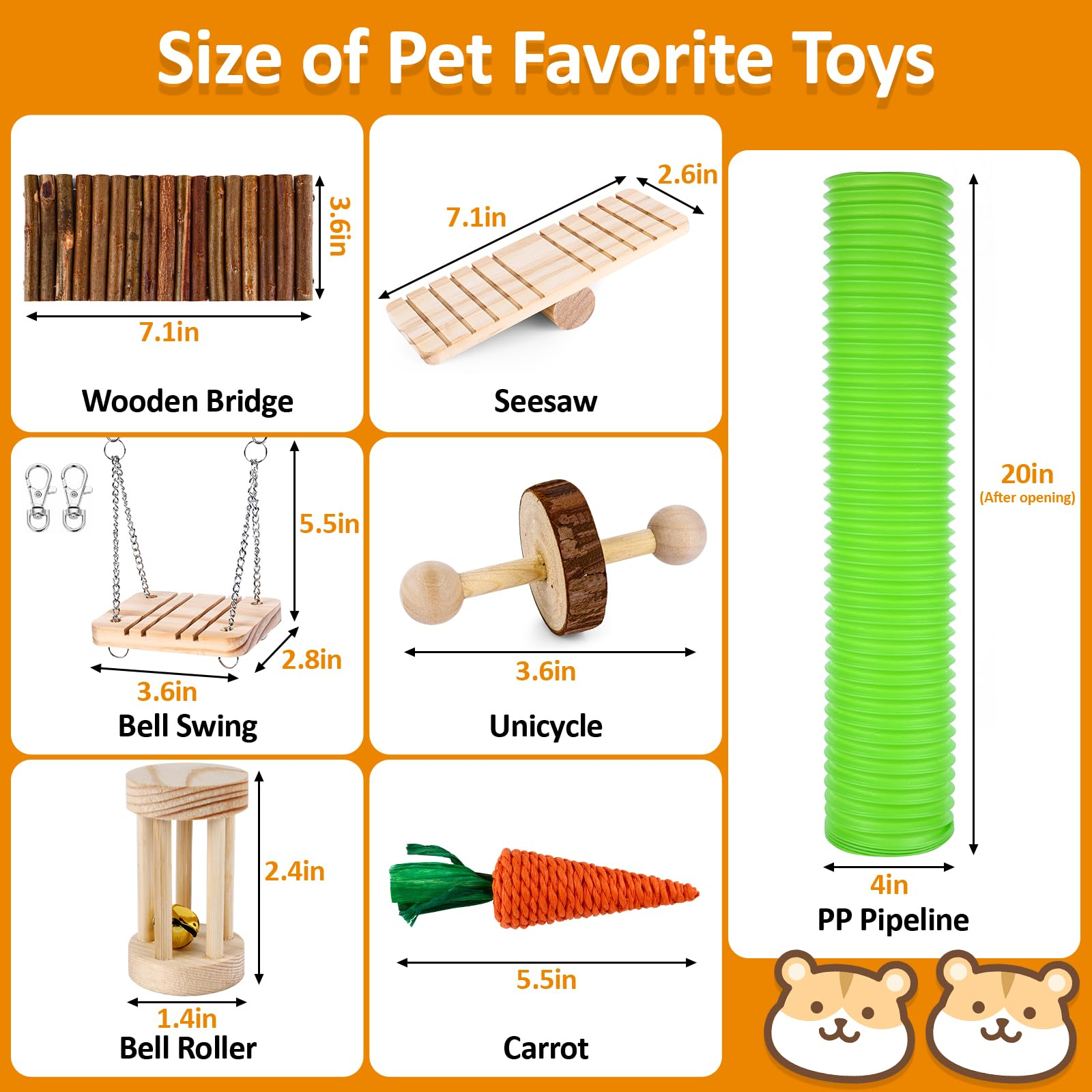 Hamster Chew Toy Set – Natural Wood Small Animal Toys with Apple Wood, Timothy Hay, Bridge, Swing & Cage Accessories for Hamsters, Guinea Pigs & Rodents