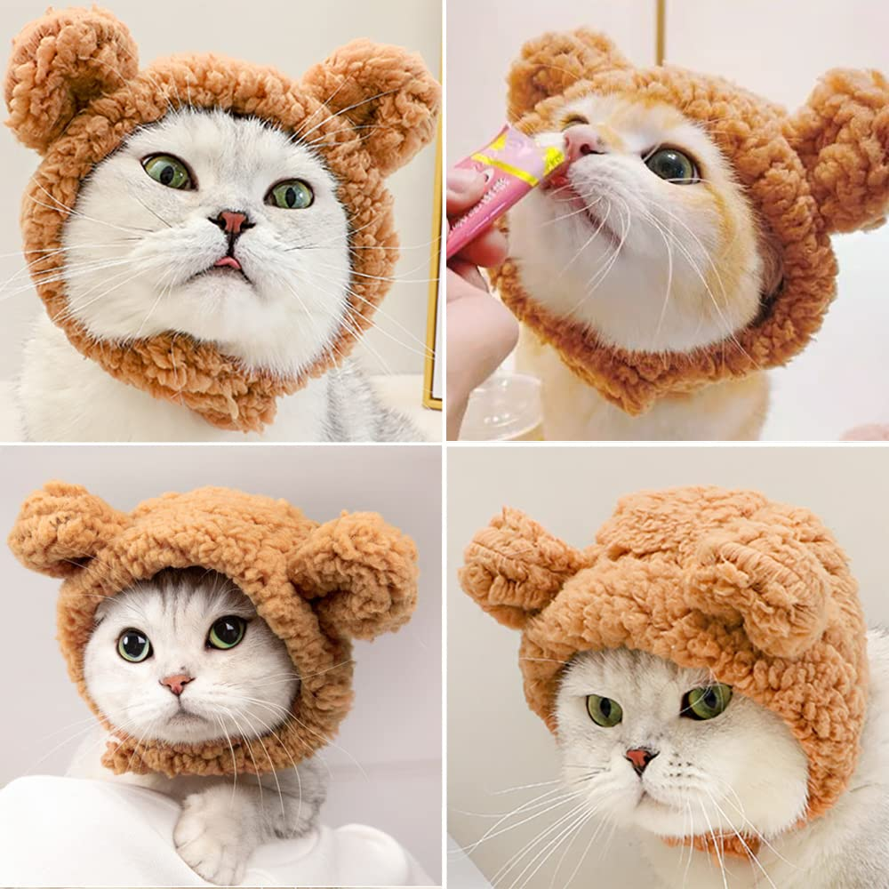 Cute Bear Hat for Cats and Small Dogs, Adjustable Soft Plush Pet Headwear, Warm Winter Costume, Brown