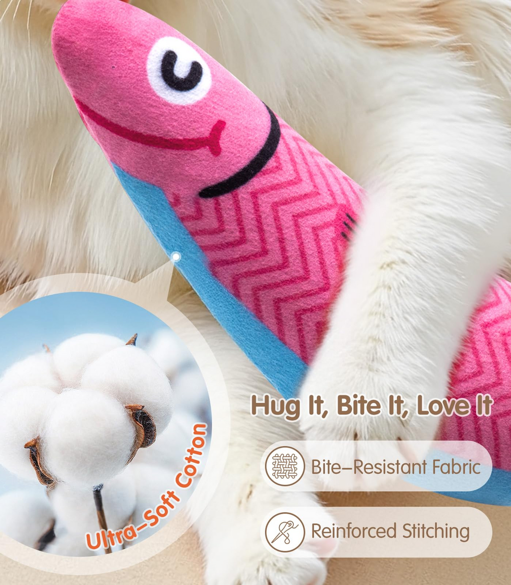 Interactive Catnip Fish Toy for Indoor Cats – Soft Cat Kicker Toy with Catnip, Silvervine, Crinkle Paper & Rattle Ball for Cats & Kittens