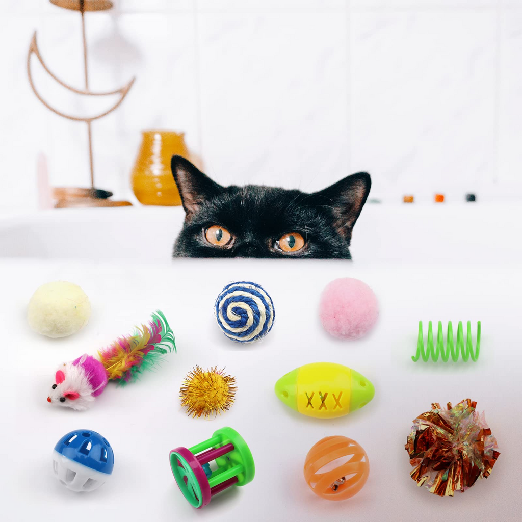 32 Piece Cat Toy Variety Pack with Feather Toys, Mouse Toys, Balls, Crinkle Toys, Teaser Wand & Catnip Toys for Indoor Cats and Kittens