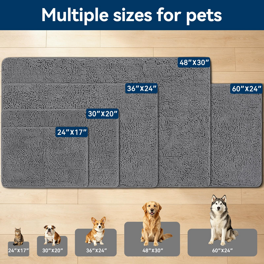30×20 Absorbent Chenille Dog Doormat – Non-Slip Quick Dry Entryway Rug Ideal for Homes with Dogs, Machine Washable Dirt Trapper for Muddy Paws (Grey 30×20 Inches)