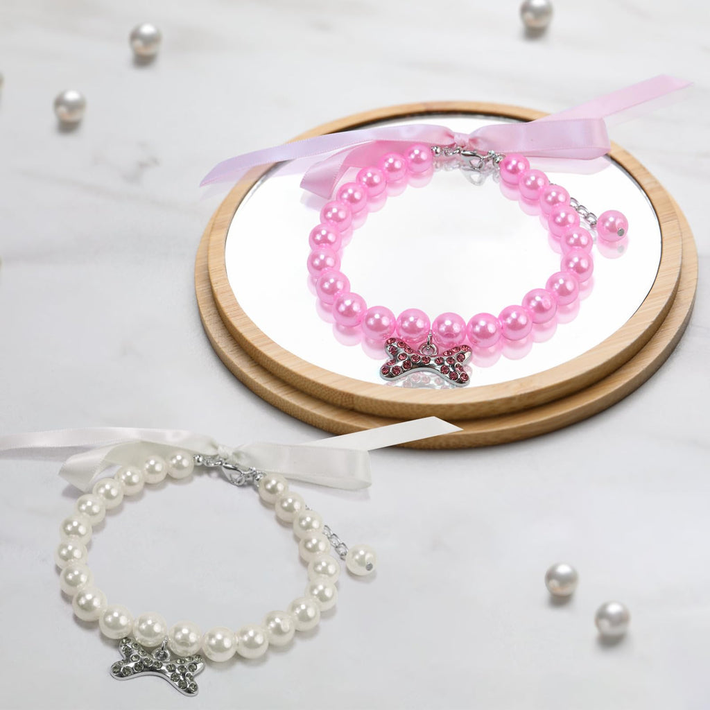 2 Pack Pearl Pet Collar Necklace with Rhinestones and Ribbon Bow, Adjustable Dog & Cat Jewelry for Weddings, Parties & Photos