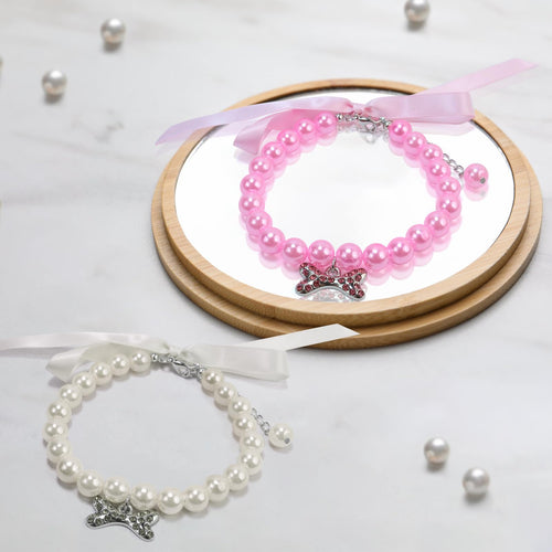 2 Pack Pearl Pet Collar Necklace with Rhinestones and Ribbon Bow, Adjustable Dog & Cat Jewelry for Weddings, Parties & Photos
