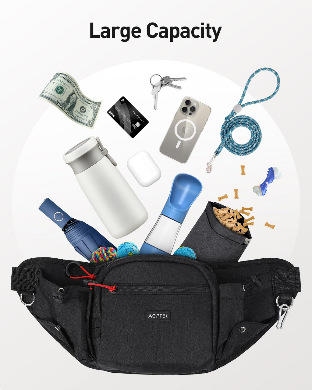 Dog Walking Fanny Pack with Treat Pouch – Adjustable Waist Bag with Removable Snack Pouch, Water Bottle Holder, Poop Bag Dispenser & Waterproof Zipper, Black