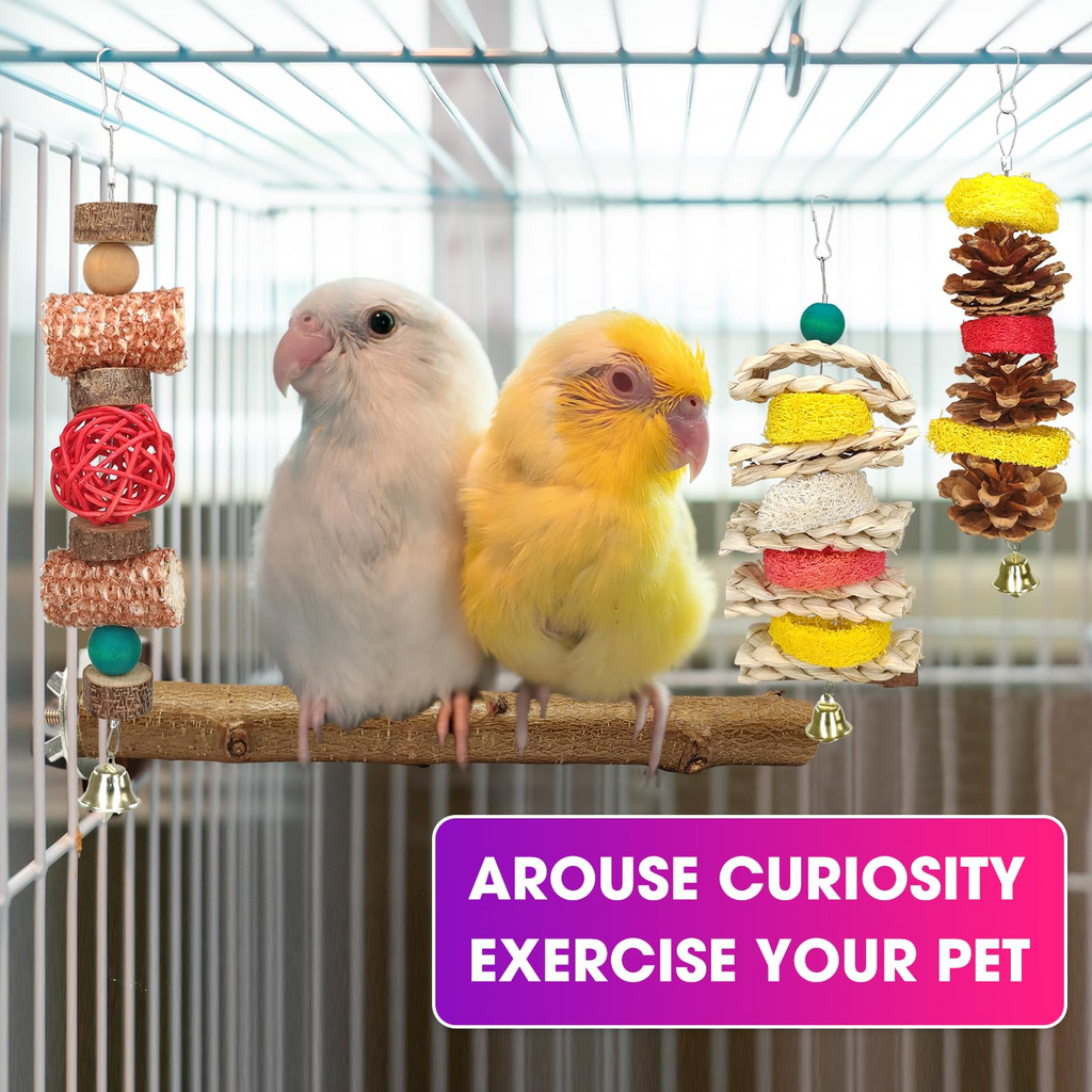 7 Piece Natural Wood Bird Toy & Perch Set for Parakeets, Cockatiels, Lovebirds & Budgies, Hanging Cage Play Accessory