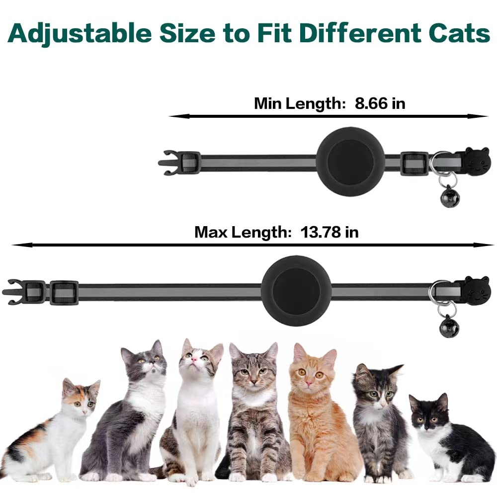 Reflective Breakaway Cat Collar with AirTag Holder, Adjustable Lightweight Nylon Collar with Bell, Waterproof AirTag Case, Black