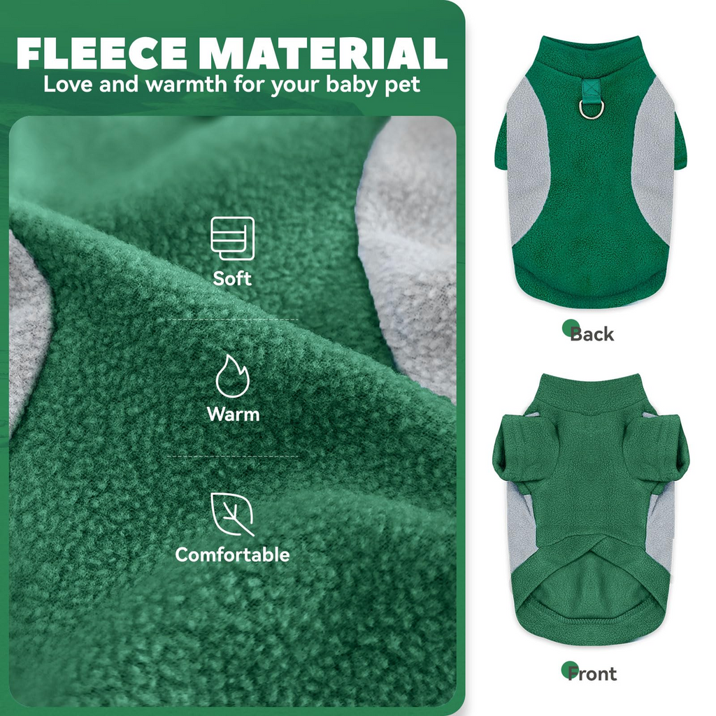 Small Fleece Dog Sweater with Leash Ring, Soft Turtleneck Pullover for Small Dogs and Cats, Warm Pet Apparel, Green XS
