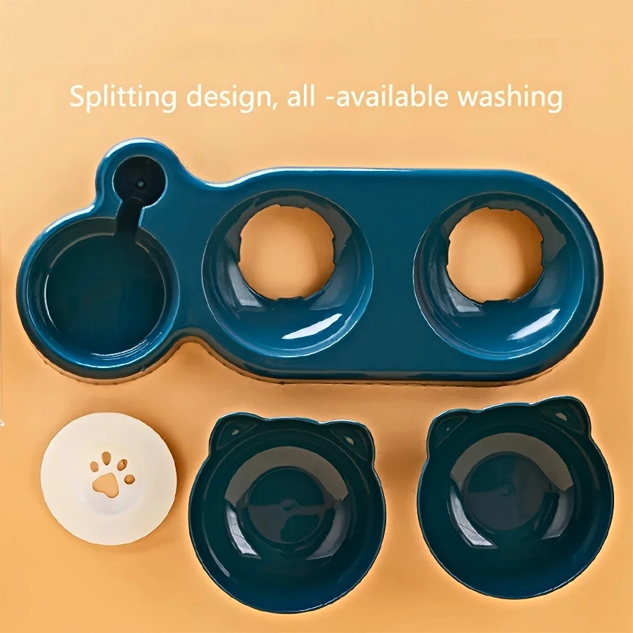 3-in-1 Tilted Pet Food & Water Bowl Set with Gravity Water Feeder, Ear-Shaped Cat & Small Pet Feeding Station
