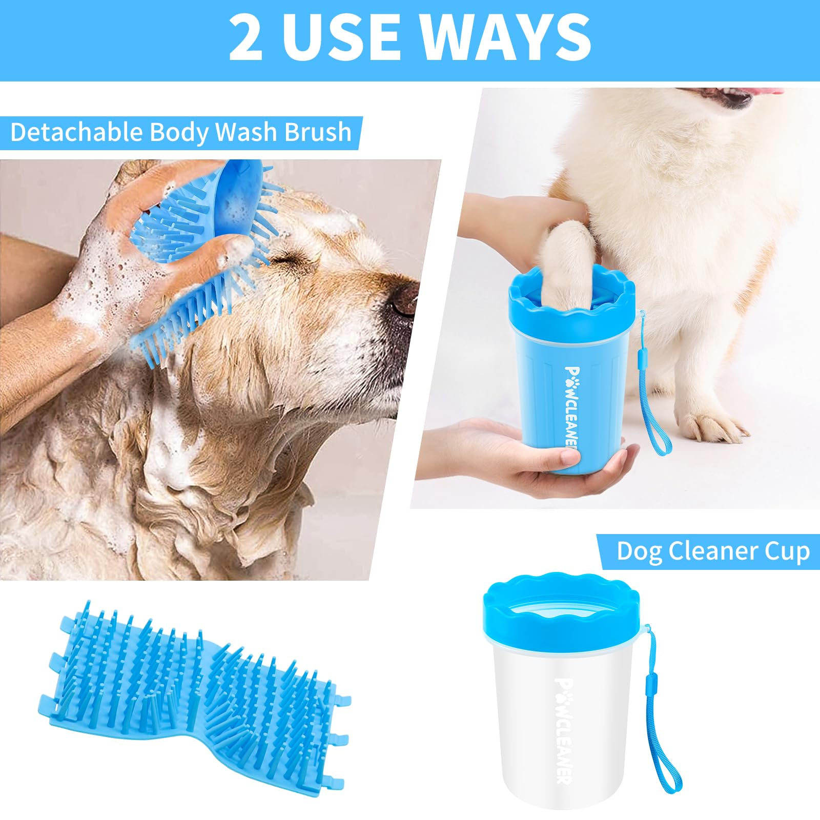 7-in-1 Dog Paw Cleaner for Dogs & Cats – Portable Paw Washer Kit with Bath Brush, 2 Toothbrushes & 3 Absorbent Towels, Medium, Blue