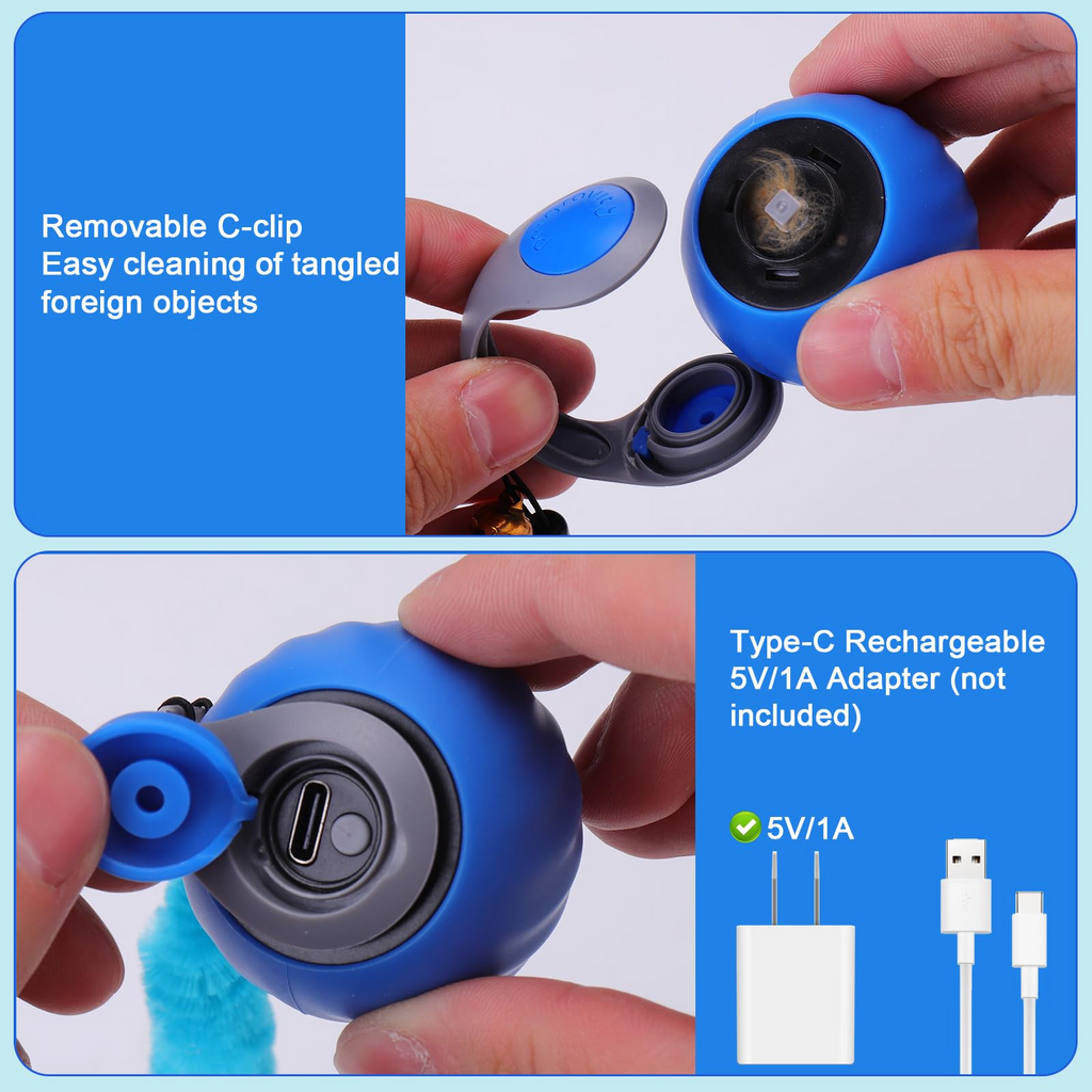 Automatic Interactive Cat Toy Ball – Rechargeable Cat Enrichment Toy with 3 Tails, 2 Speed Modes & Intelligent Play for Indoor Cats, Blue