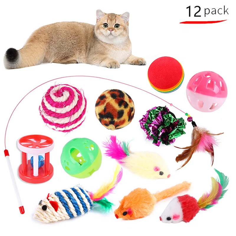 Kitten Toys Variety Pack with Cat Wand, Sisal Mouse, Bell Ball & Storage Bag, Interactive Cat Toy Set for Indoor Cats