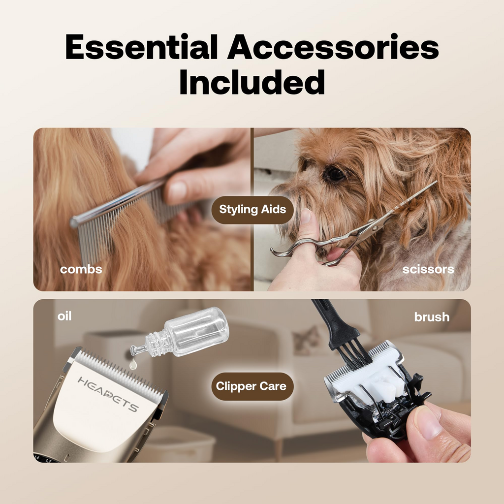 Cordless Dog Grooming Clippers – Rechargeable Low Noise Pet Hair Trimmer with Adjustable Guide Combs, Ceramic Blades for Dogs & Cats, Gold