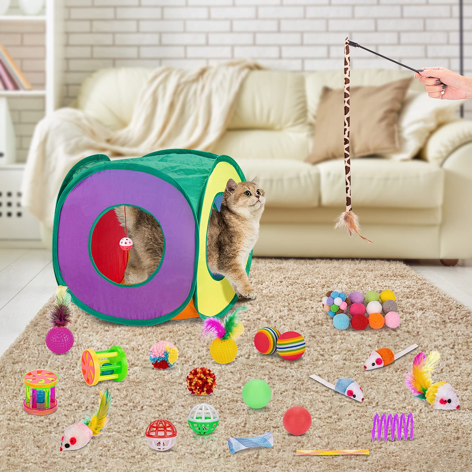 33-Pack Cat Toys for Indoor Cats – Collapsible Cat Tunnel with Feather Wand, Balls, Springs, Mice & Interactive Kitten Play Set