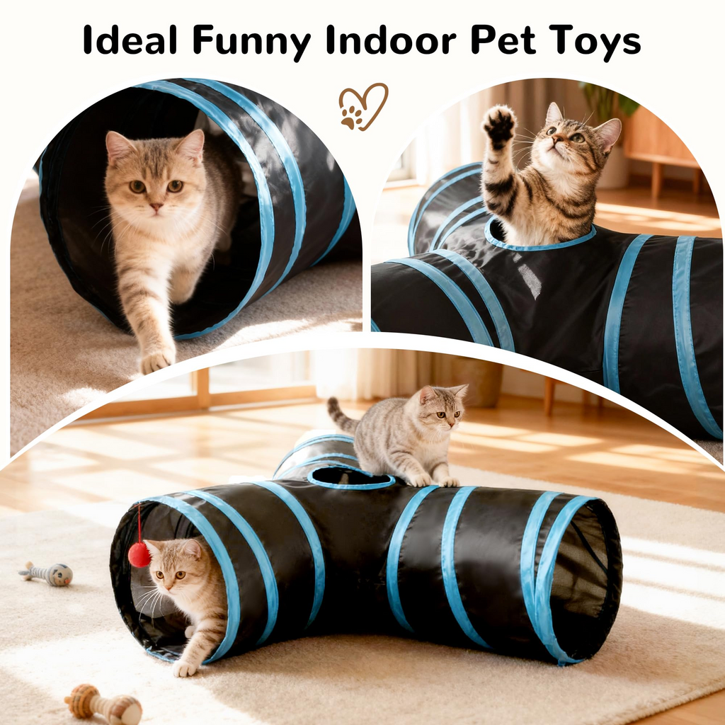 3-Way Collapsible Cat Tunnel Toy for Indoor Cats – Interactive Polyester Tube with Peek Holes, Hanging Ball & Teaser Wand, Black & Blu