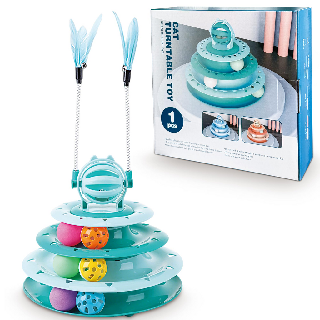 4-Level Cat Toy Roller with 14 Pom Pom Balls – Interactive Turntable Puzzle Toy for Indoor Cats & Kittens, Green