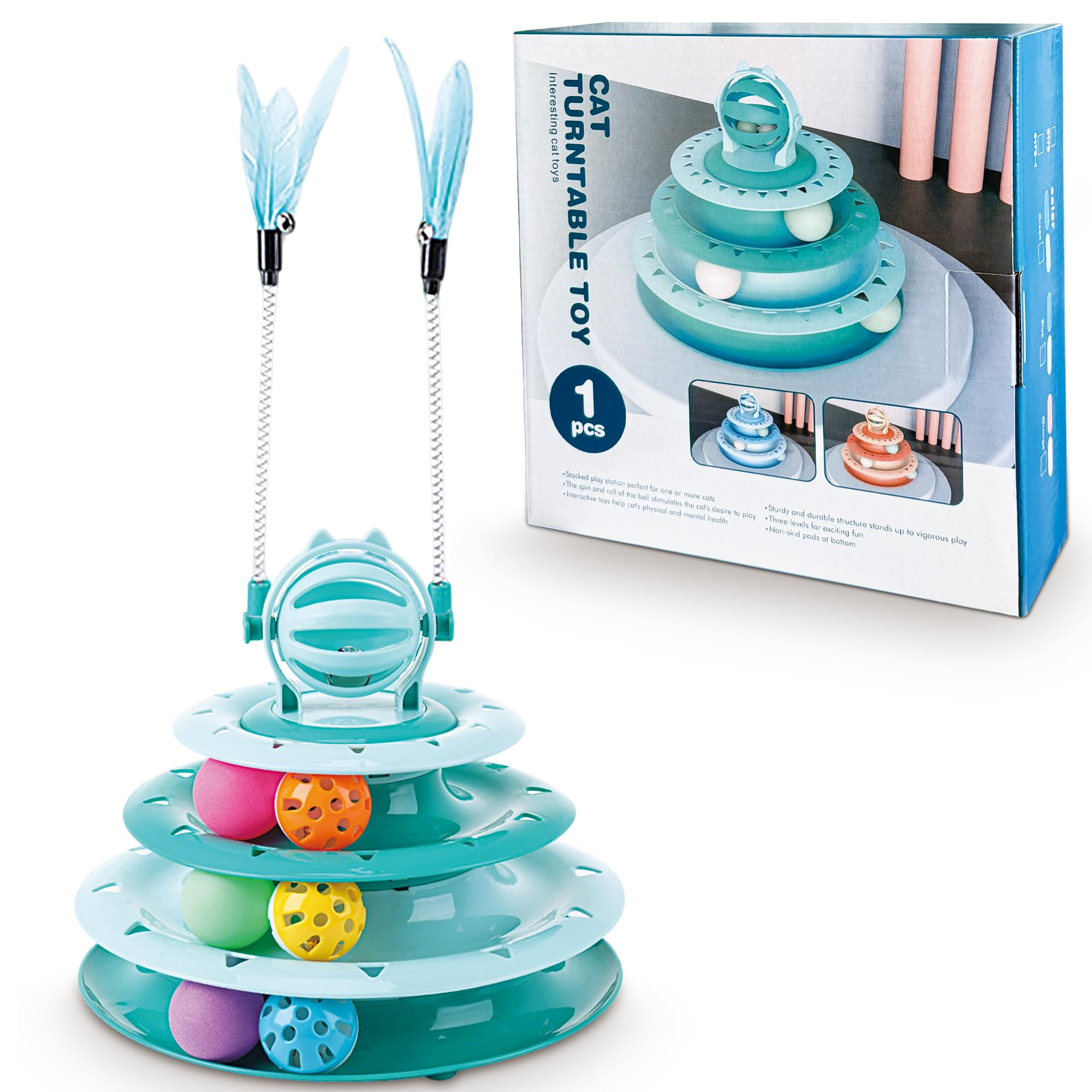4-Level Cat Toy Roller with 14 Pom Pom Balls – Interactive Turntable Puzzle Toy for Indoor Cats & Kittens, Green