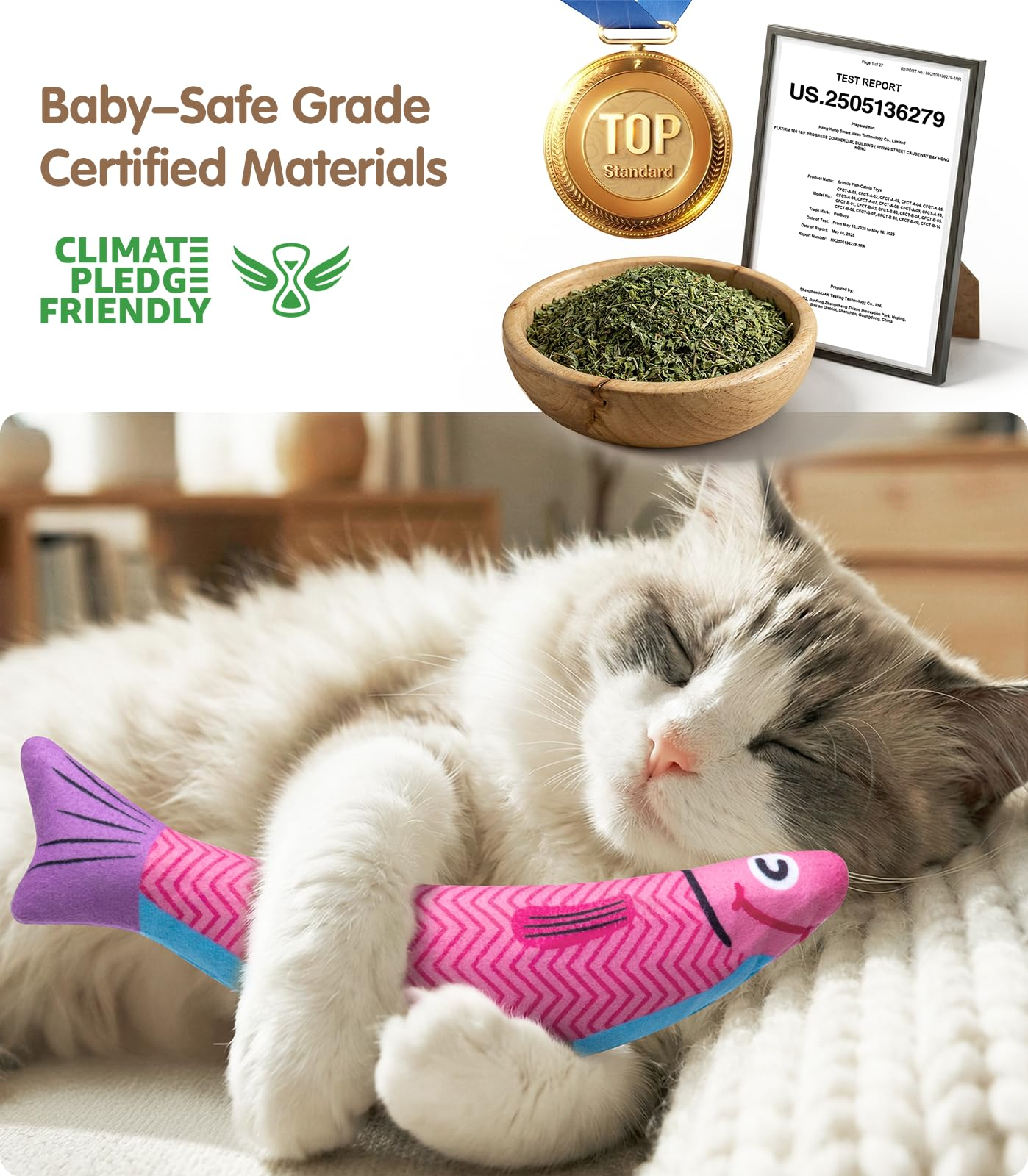 Interactive Catnip Fish Toy for Indoor Cats – Soft Cat Kicker Toy with Catnip, Silvervine, Crinkle Paper & Rattle Ball for Cats & Kittens