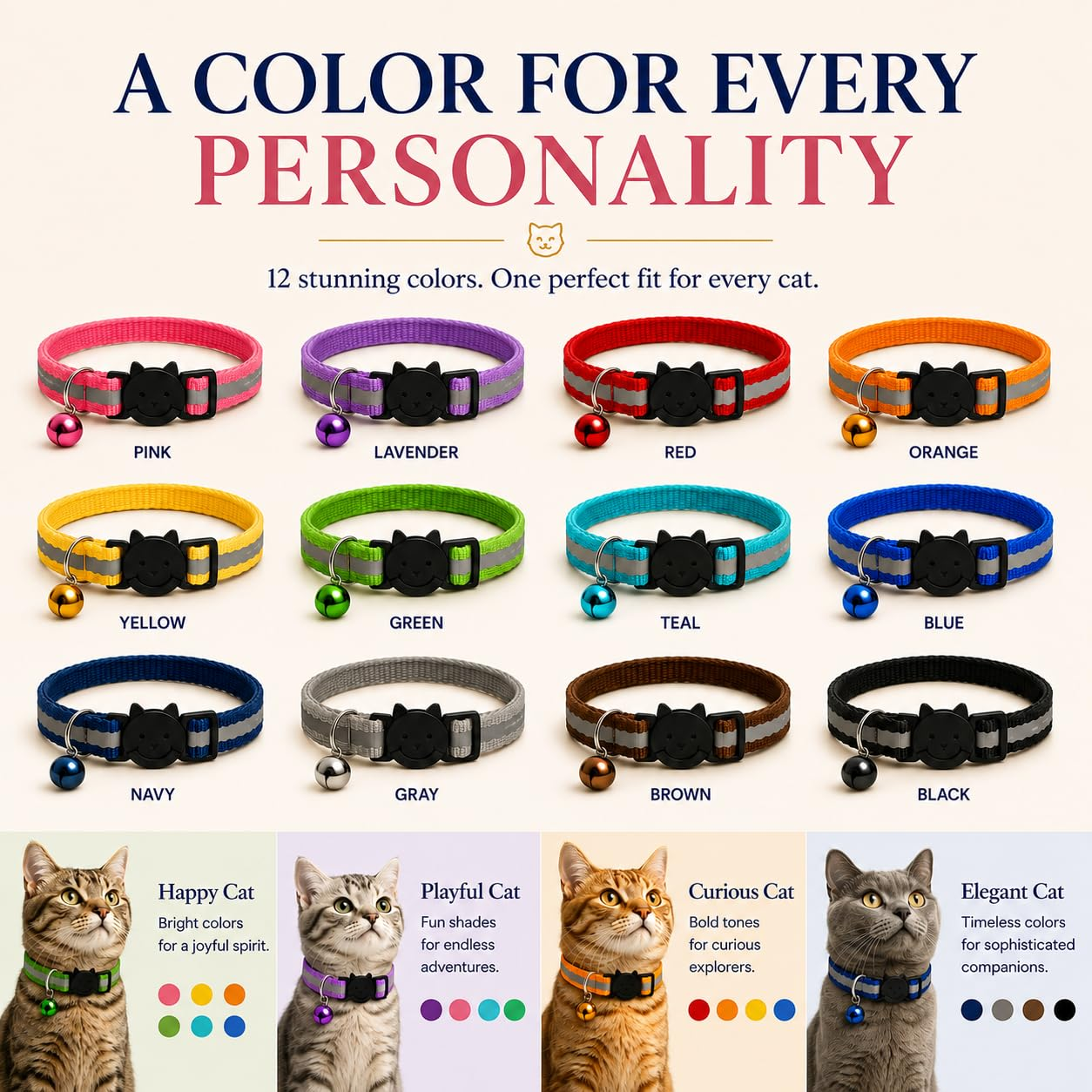 12 Pack Reflective Breakaway Cat Collars with Bells, Adjustable Lightweight Waterproof Safety Collars for Cats and Kittens