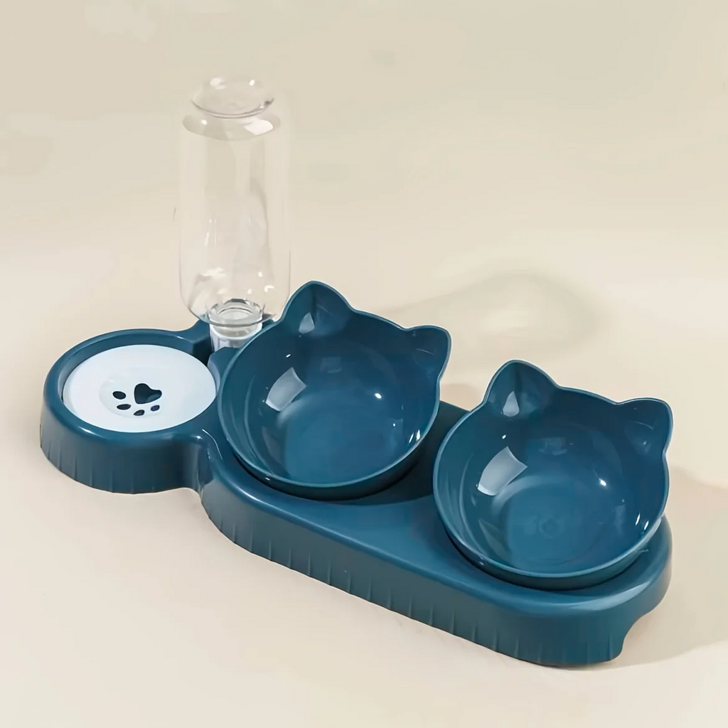 3-in-1 Tilted Pet Food & Water Bowl Set with Gravity Water Feeder, Ear-Shaped Cat & Small Pet Feeding Station